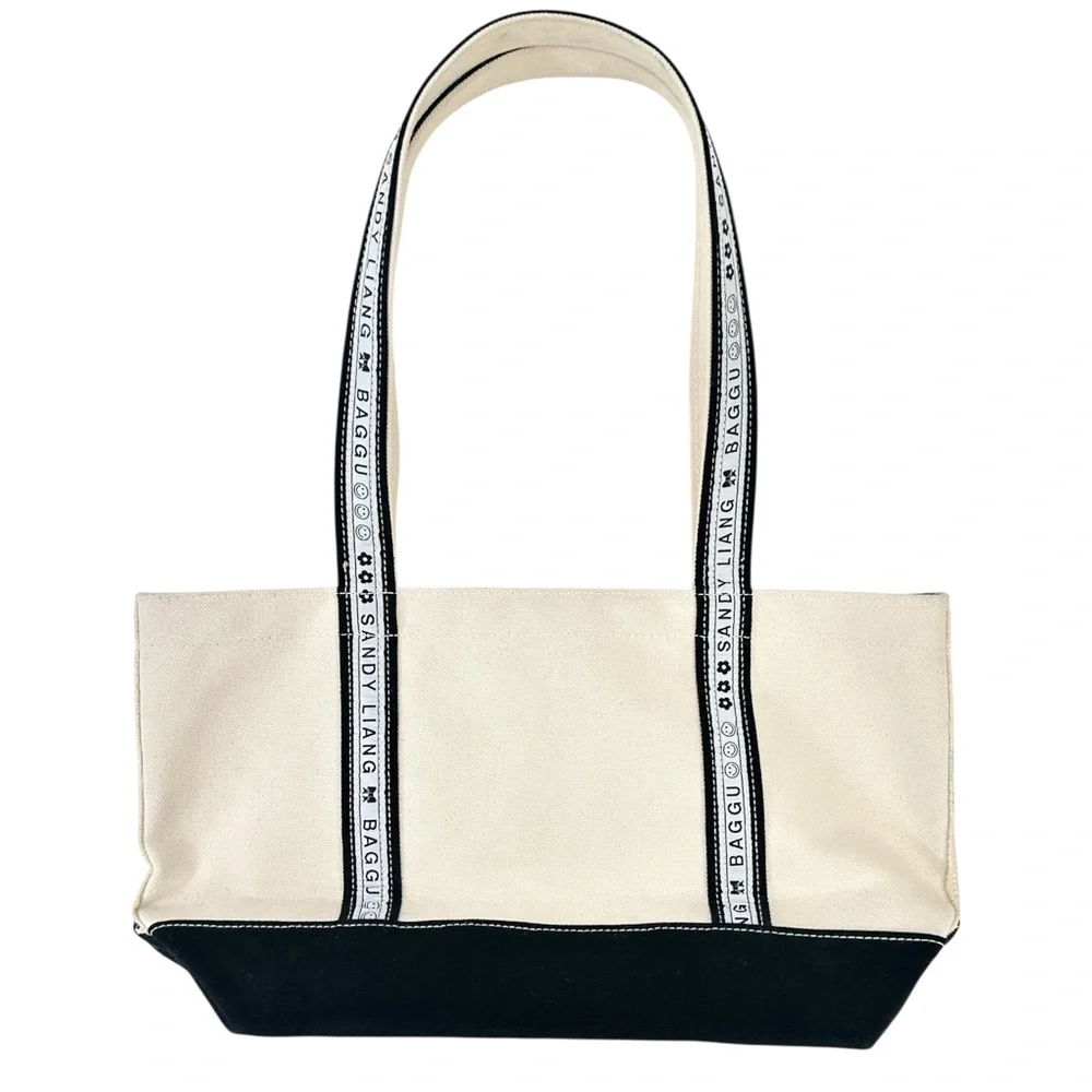 [sold] Sandy Liang x BAGGU Cream Black Canvas Small Shoulder Boat Tote Bag - Picture 7 of 11